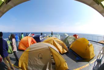 The ferry Taku's solarium and upper back deck was, at times, home to a tent city. (Photo by Lonnie Walters/Alaska Department of Transportation)