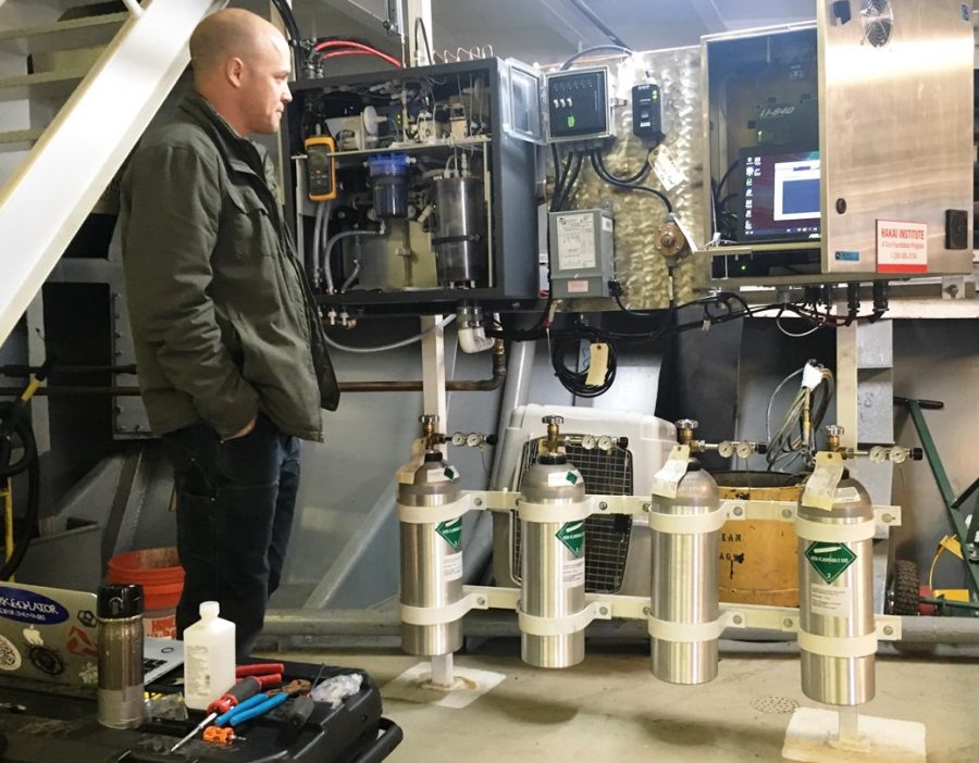 Researcher Wiley Evans installed equipment on the Alaska Marine Highway System ferry Columbia, to monitor ocean acidification along the ferry’s 2,000-mile route. (Photo by Leila Kheiry/KRBD)
