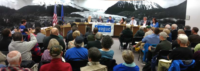 Seven candidates for Juneau Assembly spar at a Juneau League of Women Voters candidate forum at City Hall on Sept. 14, 2017.