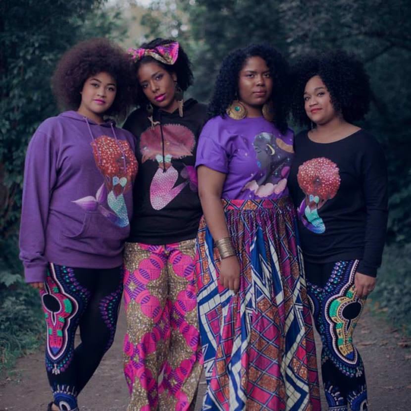 Tahir McInnis (second from left) models designs from her fashion line Melanin Auntie which appeared as a pop-up shop at Downtown Dames First Friday during September. (Photo courtesy of the artist)