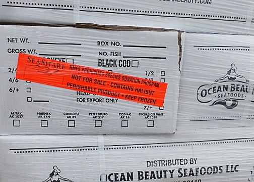 Box of frozen halibut from a SeaShare operation to Arctic Alaska in 2016. (Photo by Kayla Desroches/KMXT)