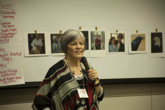 Linda Schrack teaches a workshop on how to speak several Haida words and phrases during a language workshop Monday, October 16, 2017, at Elders and Youth Conference in Anchorage.