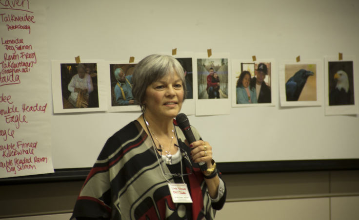 Linda Schrack teaches a workshop on how to speak several Haida words and phrases during a language workshop Monday, October 16, 2017, at Elders and Youth Conference in Anchorage.