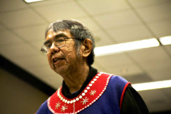 Tlingit storyteller Bob Sam has traveled all over the world to tell the stories of his people. He hosts a workshop Tuesday, October 17, 2017, at the Elders and Youth Conference in Anchorage. (Photo by Tripp J Crouse)