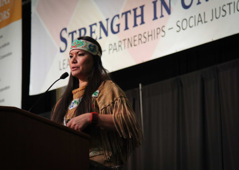 Sgt. Jody Potts delivers her keynote address to the AFN convention on Oct. 19, 2017.