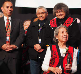 Ethel Lund receives the Della Keats Healing Hands Award at the Alaska Federation of Natives Convention in Anchorage on Friday, Oct. 20, 2017.