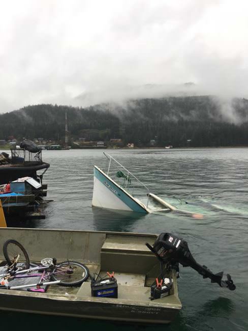 The bow of a partially-submerged vessel afloat in the Gastineau Channel Saturday. (Photo courtesy of Matthew Creswell)