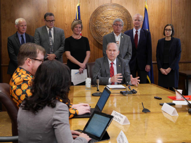Alaska Gov. Bill Walker fields questions from the Capitol press corps after signing Administrative Order 289 on Oct. 31, 2017. The order establishes the Alaska Climate Change Strategy and Climate Action for Alaska Leadership Team. (Photo by Skip Gray/360 North)