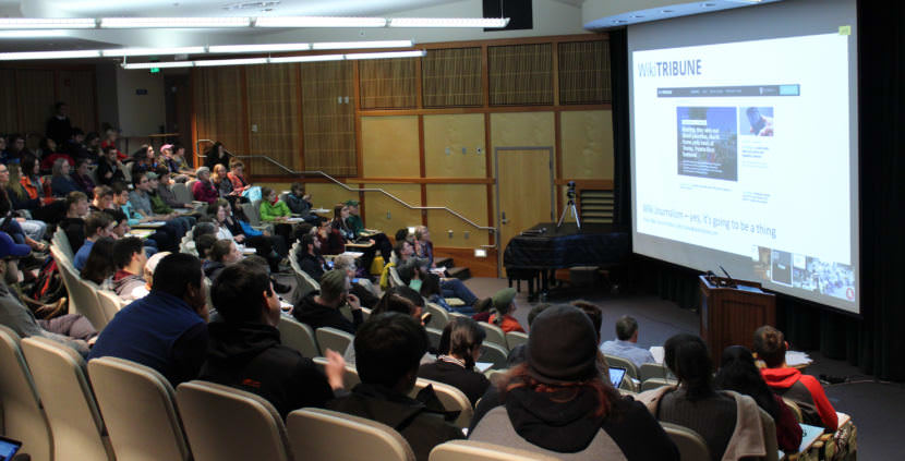 Students at UAS listen to discussion with WikiTribune editor Peter Bale via video conference in London as part of News Engagement Day on Oct. 3, 2017.