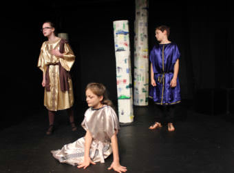 Nina Rautiainen, who plays Egeus, Layla Webster, who plays Hermia, and Matisse Geselle, who plays Lysander, perform in the Perseverance Theatre Young Company's performance of "A Midsummer Night's Dream" Sunday, Oct. 8, 2017. (Photo by Adelyn Baxter/KTOO)