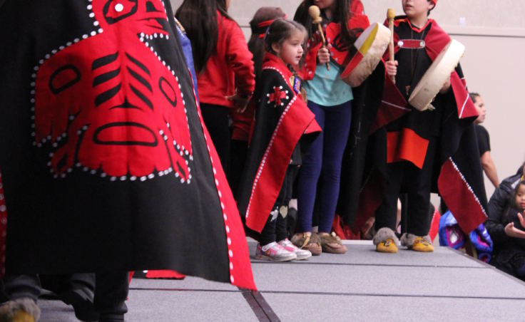 Members of the All Nations Children Dancers perform at the Indigenous Peoples Day celebration at Elizabeth Peratrovich Hall on Oct. 9, 2017. (Photo by Adelyn Baxter/KTOO)