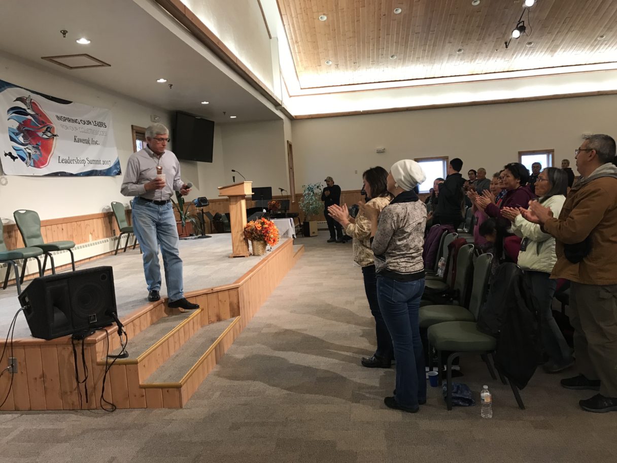 Alaska Lt. Gov. Byron Mallott steps offstage after giving his opening speech to those gathered at Kawerak’s Leadership Summit. (Photo by Gabe Colombo/KNOM)