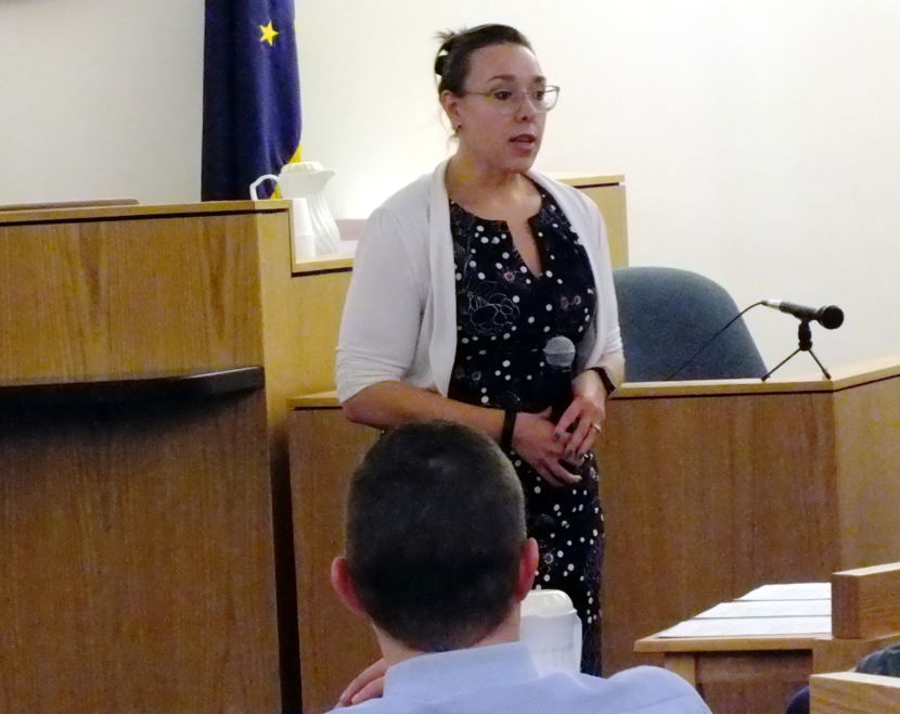 Assistant District Attorney Amy Paige addresses the jury during her opening statement Oct. 5, 2017, in the Christopher Strawn trial. (Photo by Matt Miller/KTOO)