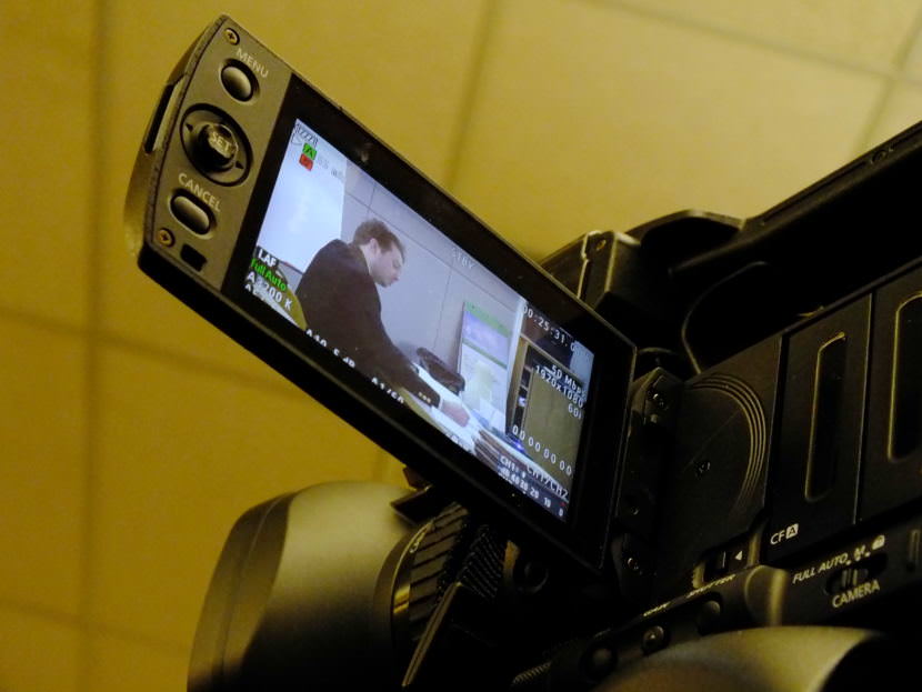 View of Christopher Strawn through a video camera’s viewfinder during his trial Oct. 5, 2017 in Juneau Superior Court. (Photo by Matt Miller/KTOO)