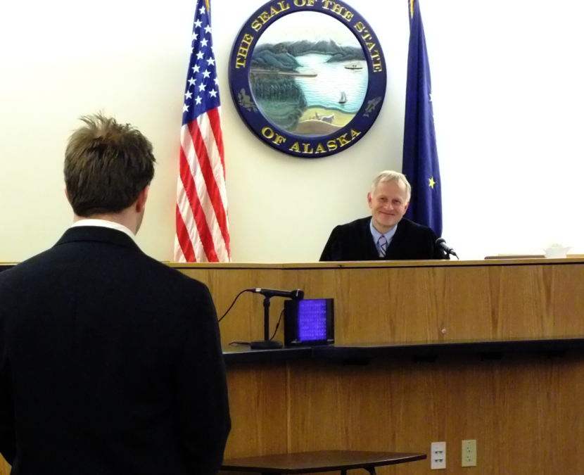 Christopher Strawn addresses Superior Court Judge Philip Pallenberg during his trial Oct. 5, 2017. (Photo by Matt Miller/KTOO)