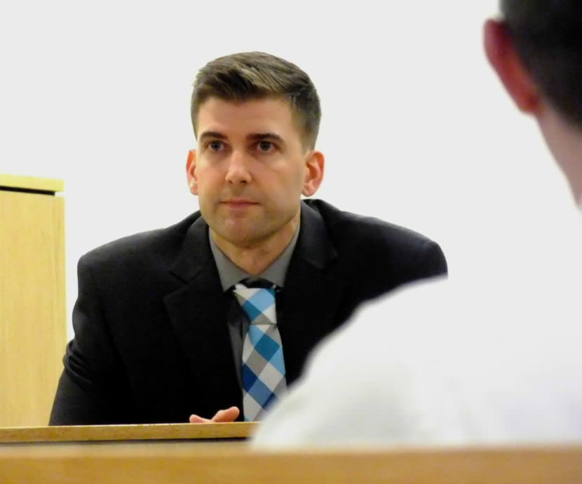 Juneau Police Sgt. Jeremy Weske listens to a question during his testimony Oct. 5, 2017 in the Christopher Strawn trial. (Photo by Matt Miller/KTOO)