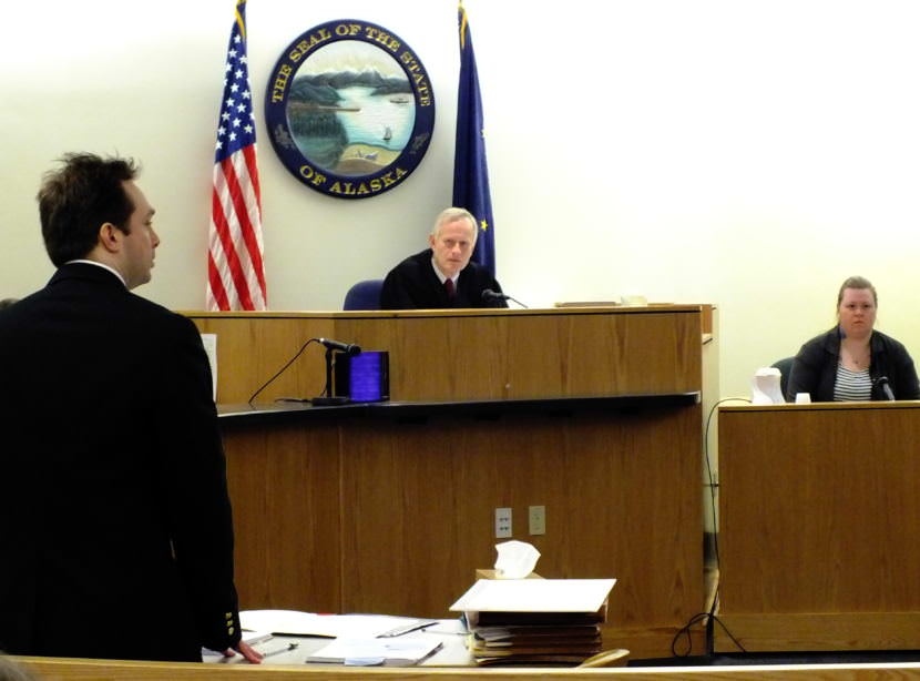 Christopher Strawn (far left), Superior Court Judge Philip Pallenberg (center), and witness Tiffany Johnson (right) during the homicide trial on Oct. 10, 2017.