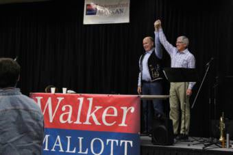 Gov. Bill Walker and Lt. Gov. Byron Mallott greet supporters gathered for the campaign kickoff event Oct. 22, 2017 at Elizabeth Peratrovich Hall in Juneau. (Photo by Adelyn Baxter/KTOO)