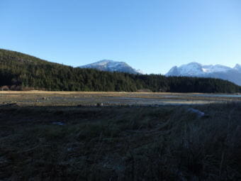The Chilkat Peninsula is home to many residential properties. Right now, residents walk or boat across the bay to access the properties. (Photo by Abbey Collins/KHNS)