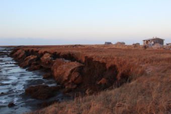 As the Ninglick River melts the permafrost layer, it undercuts the bank, causing blocks of land to break off during storms. The village of Newtok can lose 10 or 20 feet of land at a time. (Photo by Rachel Waldholz/Alaska's Energy Desk)
