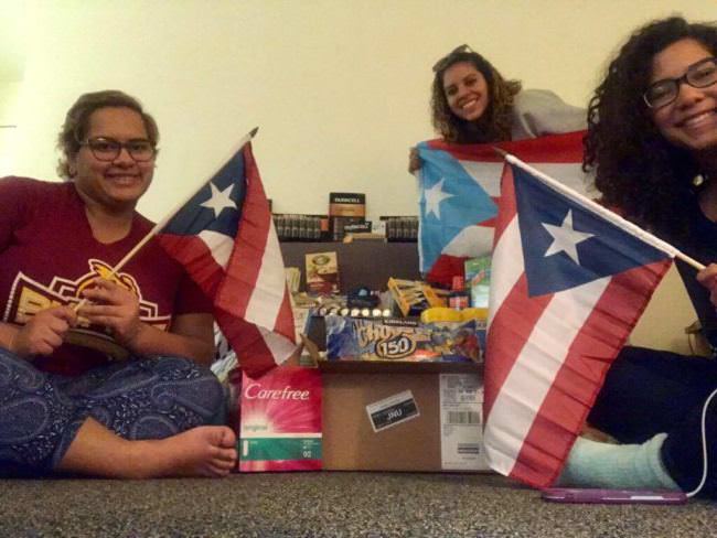 UAS National Student Exchange students Eva Collazo-Montanez, Nikyshaliz Velasquez and Gabriela Hernandez-Ramirez pose with the supplies they gathered to send home to Puerto Rico. (Photo courtesy of Eva Collazo-Montanez)
