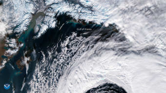 A large area of low pressure moves through the Gulf of Alaska in this image from the Suomi NPP satellite, taken on November 6, 2017. The storm generated gale warnings for the south central and southeastern portions of the state. (Courtesy NOAA/Environmental Visualization Laboratory)