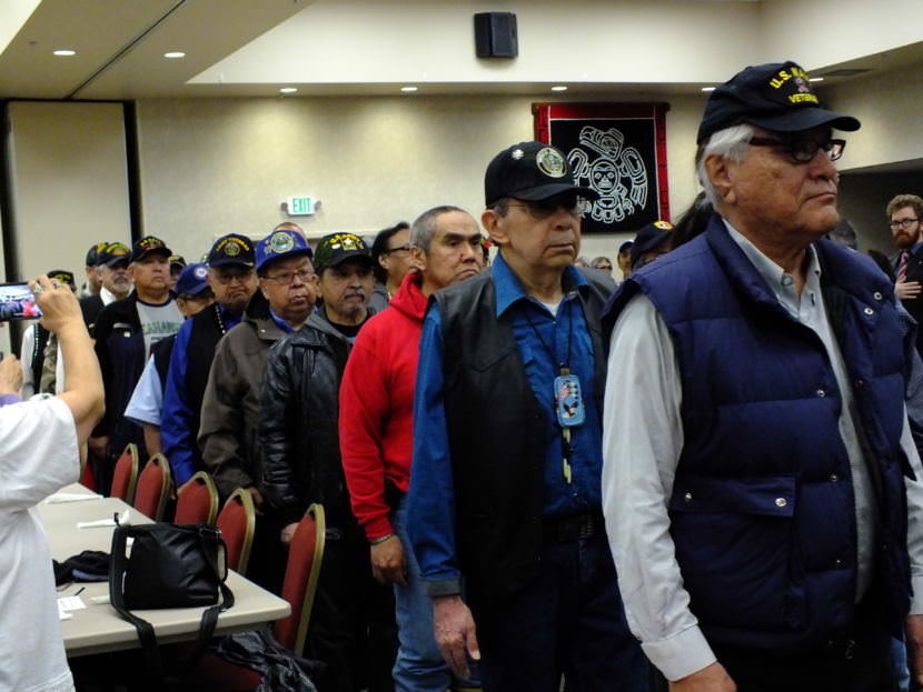 Veterans enter with the colors during a Veterans Day observance at the Elizabeth Peratrovich Hall on Nov. 11, 2017. (Photo by Matt Miller/KTOO)