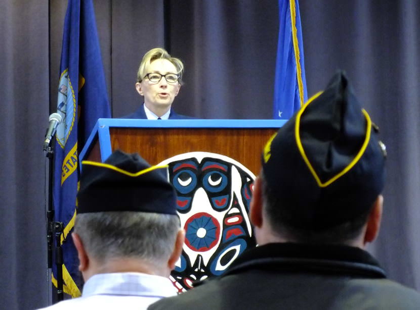 Coast Guard Capt. Shannon Greene speaks during a Veterans Day observance at the Juneau Arts and Culture Center. (Photo by Matt Miller/KTOO)