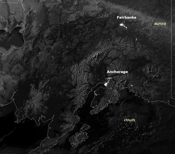 This image of Alaska was taken by the Visible Infrared Imaging Radiometer Suite's (VIIRS) Day-Night Band aboard NOAA's Suomi NPP satellite. The new JPSS-1 satellite will also have this instrument, which can see visible-spectrum light at night. This band allows forecasters to view features such as clouds, fog, smoke and even lights at night, which is an important feature for states like Alaska that have long nights in winter. (Image courtesy of NOAA NESDIS)