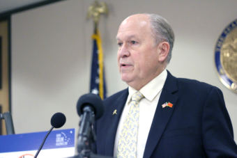 Alaska Gov. Bill Walker speaks at a press availability in Anchorage about the recent developments on a Chinese deal for Alaska LNG on Tuesday, Nov. 21, 2017, in Anchorage, Alaska. (Photo by Wesley Early/Alaska Public Media)