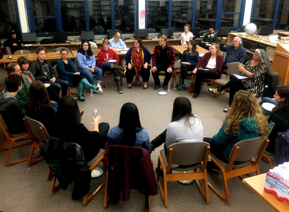 Prior to Monday night’s (12-4-17) session on school counseling, members of the Sitka High student government met with board members. The students agreed to continue advocating for school funding in the legislature. But they also had a request of their own: Water fountains that can fill bottles. (Photo by Robert Woolsey/KCAW)