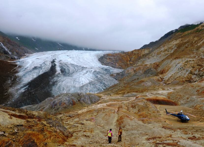 Oxidized rock colors a valley where one of Seabridge Gold's KSM Project's open pit mines will be dug. Canadian officials have opened their final comment period before environmental approval. (Photo by Ed Schoenfeld/CoastAlaska)