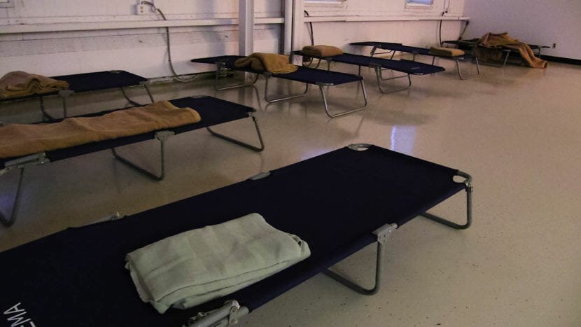 A row of dark colored cots along the walls of a room with a single blanket on top of each cot