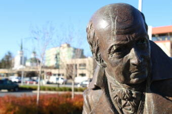 Alexander Baranov was the first general manager of the Russian-American Company, and the statue of him was erected to honor the role of commerce in Sitka’s past. (Photo by Katherine Rose/KCAW)