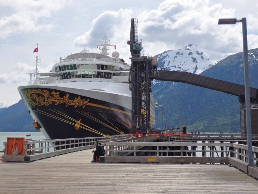 A Disney cruise ship is tied up at Skagway’s ore dock. (Photo by Emily Files/KHNS)