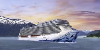 The Norwegian Bliss, shown in a promotional image, will begin sailing Alaska waters in about six months. It's one of two megaships slated to sail the Inside Passage. (Image courtesy Norwegian Cruise Line)