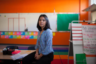 Maria Rocha, a third-grade teacher at the KIPP Esperanza Dual Language Academy in San Antonio, came to the U.S. from Mexico when she was 3 years old. (Photo by Katie Hayes Luke for NPR)