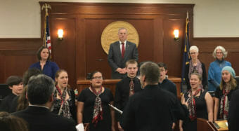 Juneau-Douglas High School Choir and Alaska Youth Choir sing "Alaska's Flag" at the opening of second session of the 30th Alaska Legislature on Jan. 16, 2018.