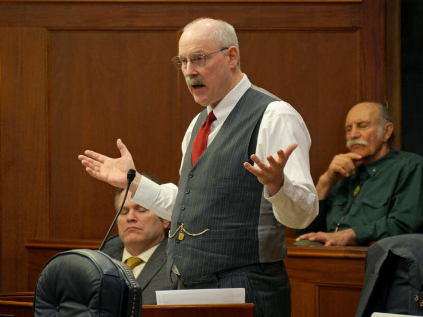 Sen. Bert Stedman, R- Sitka, talks about the Alaska Permanent Fund on March 15, 2017, during debate on SB-26, a bill introduced by Governor Bill Walker that draws money from the Permanent Fund to fund the state government’s budget. The legislation also cap Permanent Fund Dividends, as well as the overall amount the state can spend. The bill passed 12-8. (Photo by Skip Gray/360 North)