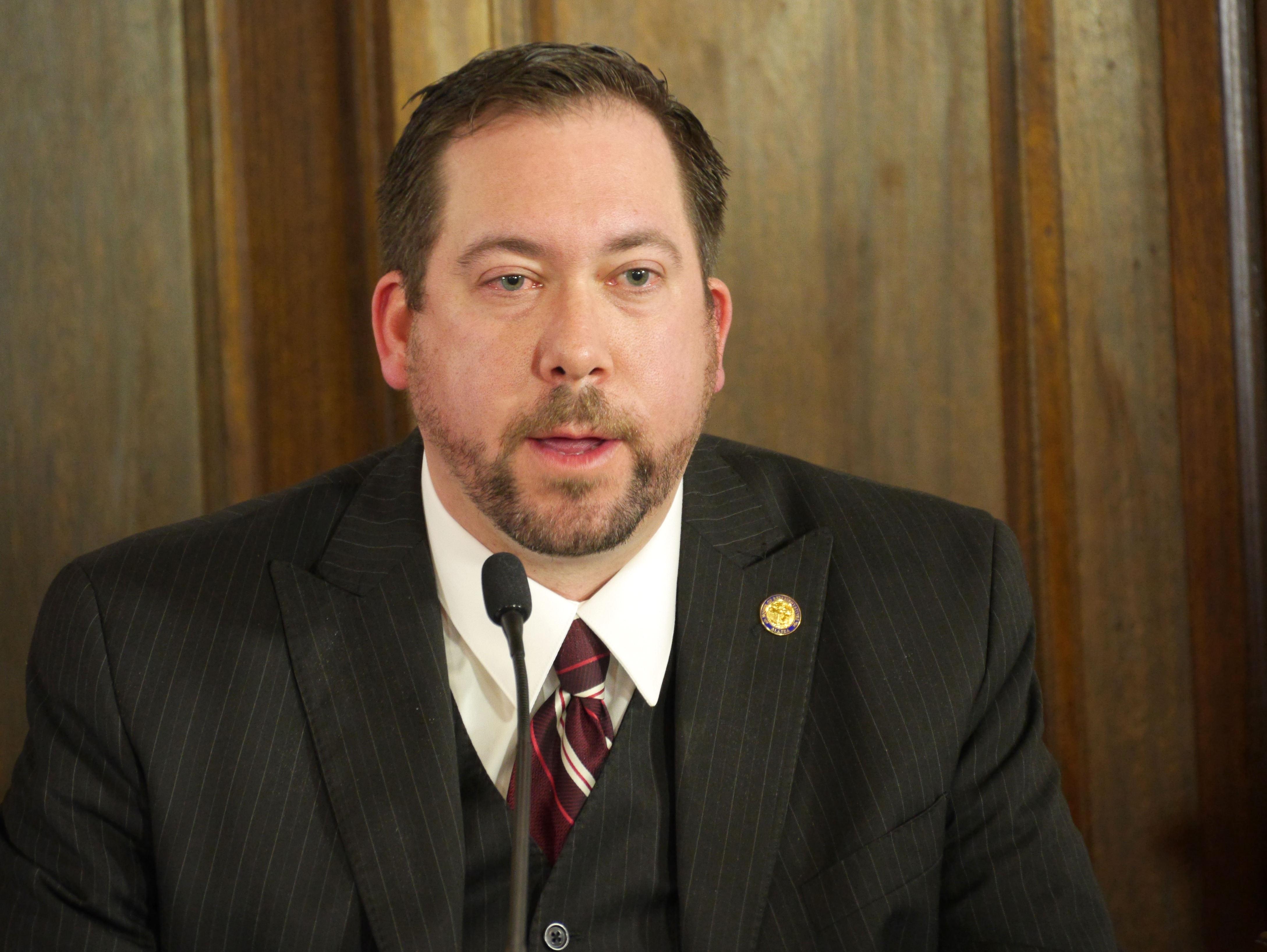 Rep. Zach Fansler, D- Bethel, addresses the Capitol Press Corps during a House Majority Press Availability on March 28, 2017. (Photo by Skip Gray/360 North)