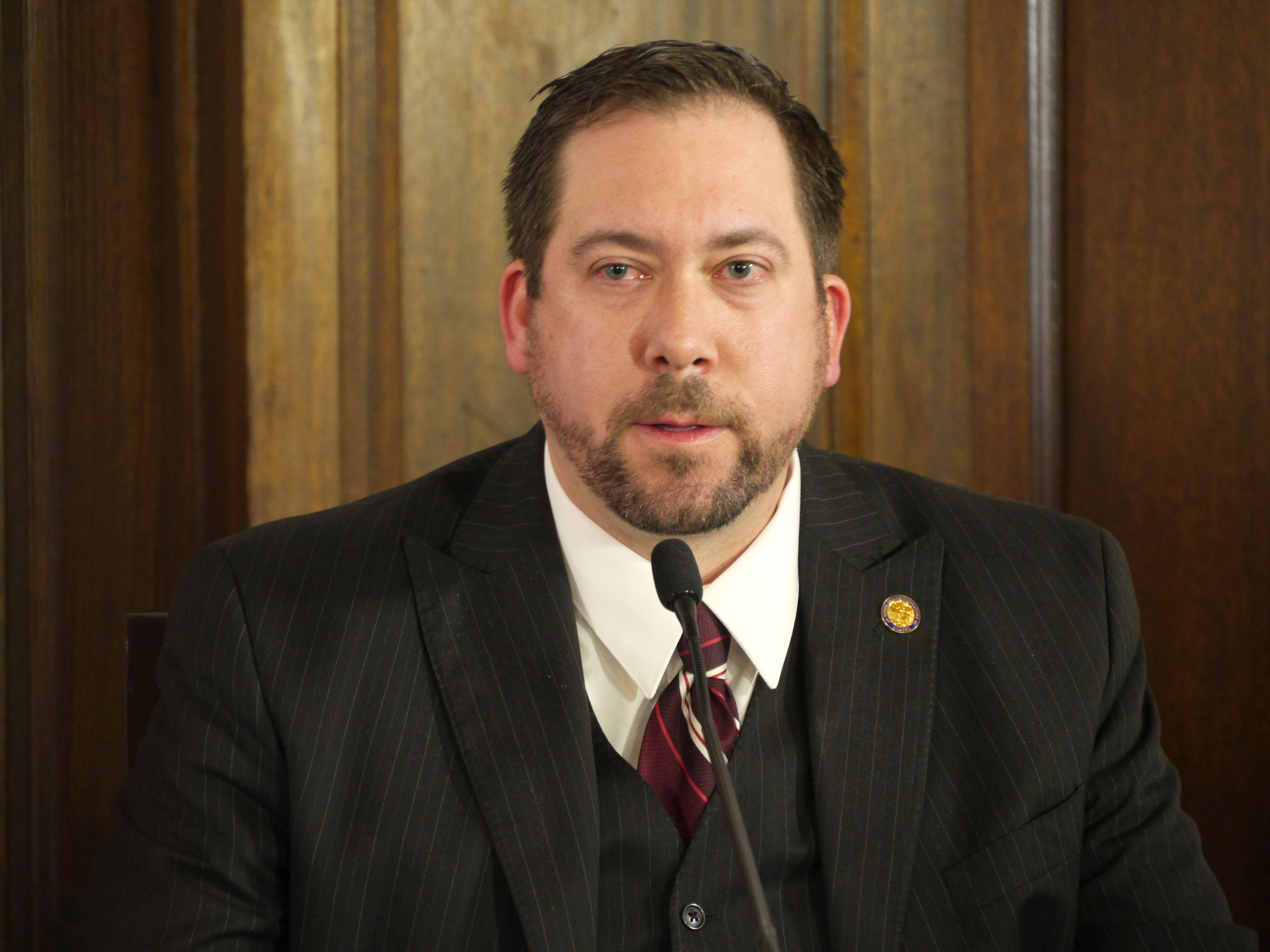 Rep. Zach Fansler, D- Bethel, addresses the Capitol Press Corps during a House Majority Press Availability on March 28, 2017. (Photo by Skip Gray/360 North)