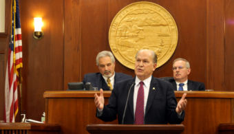 Independent Gov. Bill Walker addresses the Alaska Legislature on Jan. 18, 2018, in the Alaska State Capitol in Juneau. Senate President Pete Kelly, R-Fairbanks, and House Speaker Bryce Edgmon, D-Dillingham, are seated at the dais behind him. It was Walker's fourth State of the State Address. (Photo by Skip Gray/360 North)