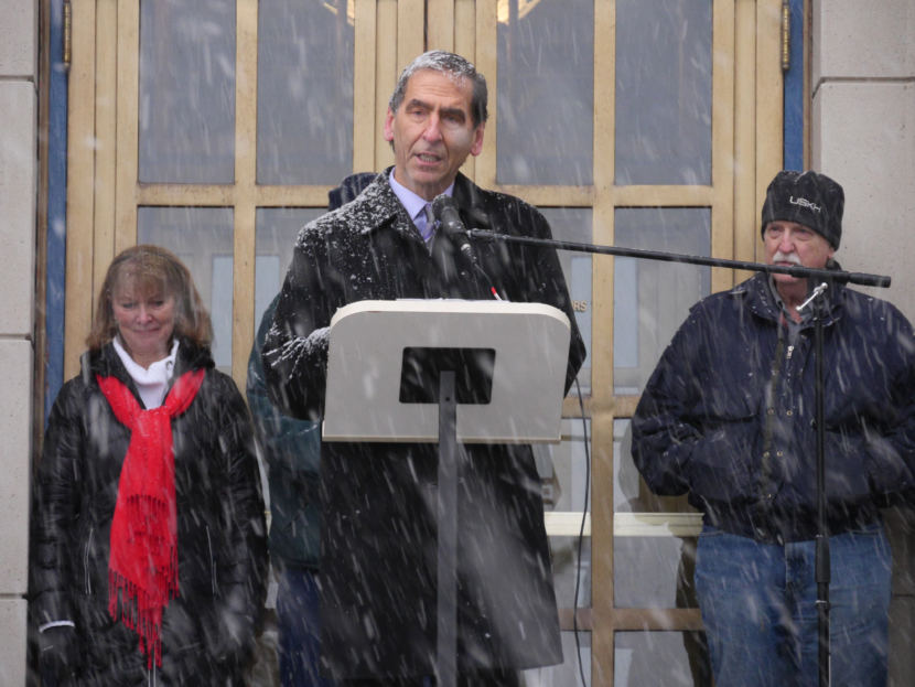 Former Alaska Lt. Gov. Loren Leman speaks at a snowy anti-abortion rally outside the Alaska State Capitol on Monday, Jan. 22, 2018. The group Alaskans for Life organized the event. Also pictured: His wife Carolyn Leman, (Photos by Skip Gray/360 North)