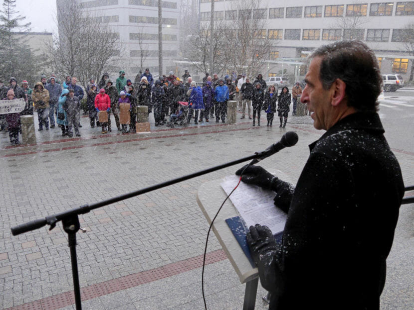 Former Alaska Lt. Gov. Loren Leman speaks to a crowd of about 150 at a snowy anti-abortion rally outside the Alaska State Capitol on Monday, Jan. 22, 2018. The group Alaskans for Life organized the event. (Photos by Skip Gray/360 North)