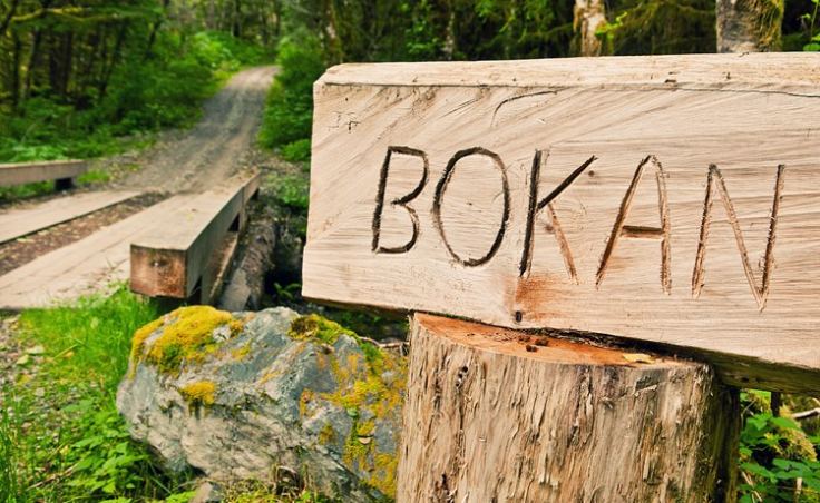 A sign marks a trail up Bokan Mountain on Prince of Wales Island.