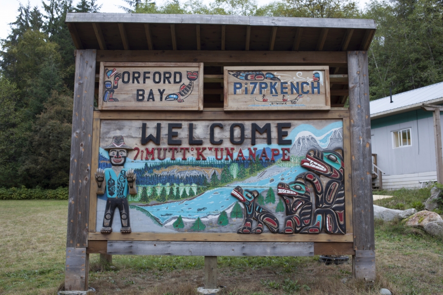 A sign welcomes visitors to the Orford Bay bear watching area in the Homalco Nation's traditional territory in western British Columbia. (Photo by Irina Zhorov/PRI)