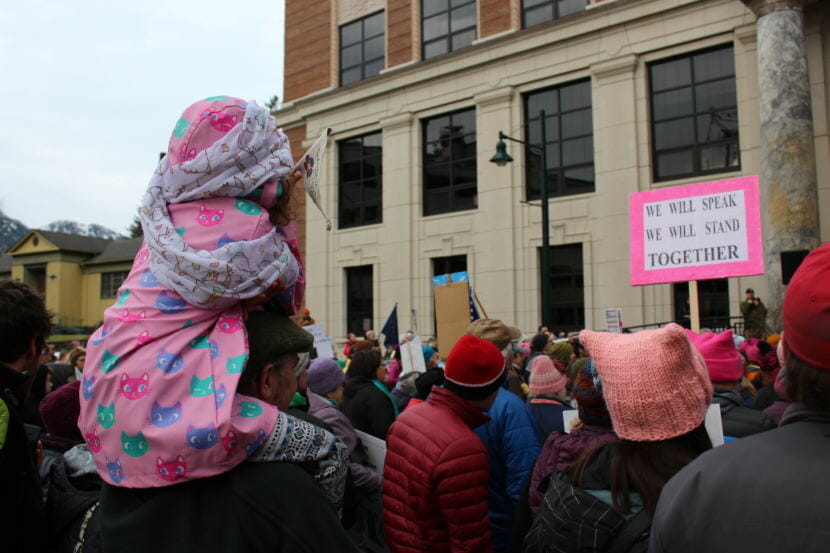 A child looks on at the Women's March event in Juneau on Jan. 20, 2018. (Photo by Adelyn Baxter/KTOO)