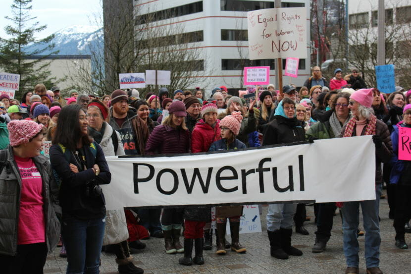 Protesters gather outside the Alaska State Capitol for the Women's March on Juneau on Jan. 20, 2018. (Photo by Adelyn Baxter/KTOO)