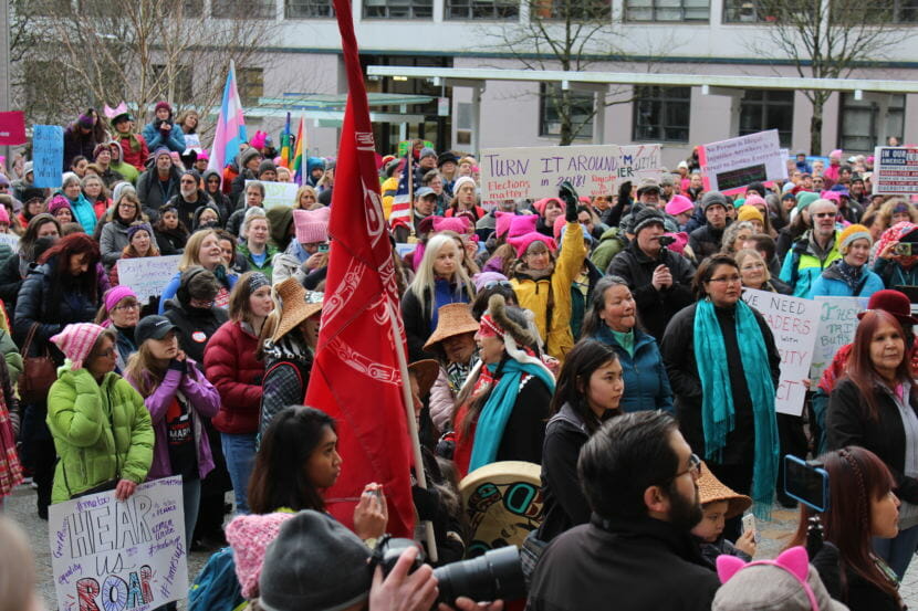 Protesters gather at the steps of the Alaska State Capitol on Jan. 20, 2018 for the Women's March on Juneau. (Photo by Adelyn Baxter/KTOO)
