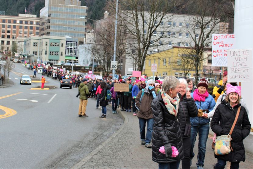 Protesters march down Main Street in downtown Juneau on Jan. 20, 2018. (Photo by Adelyn Baxter/KTOO)